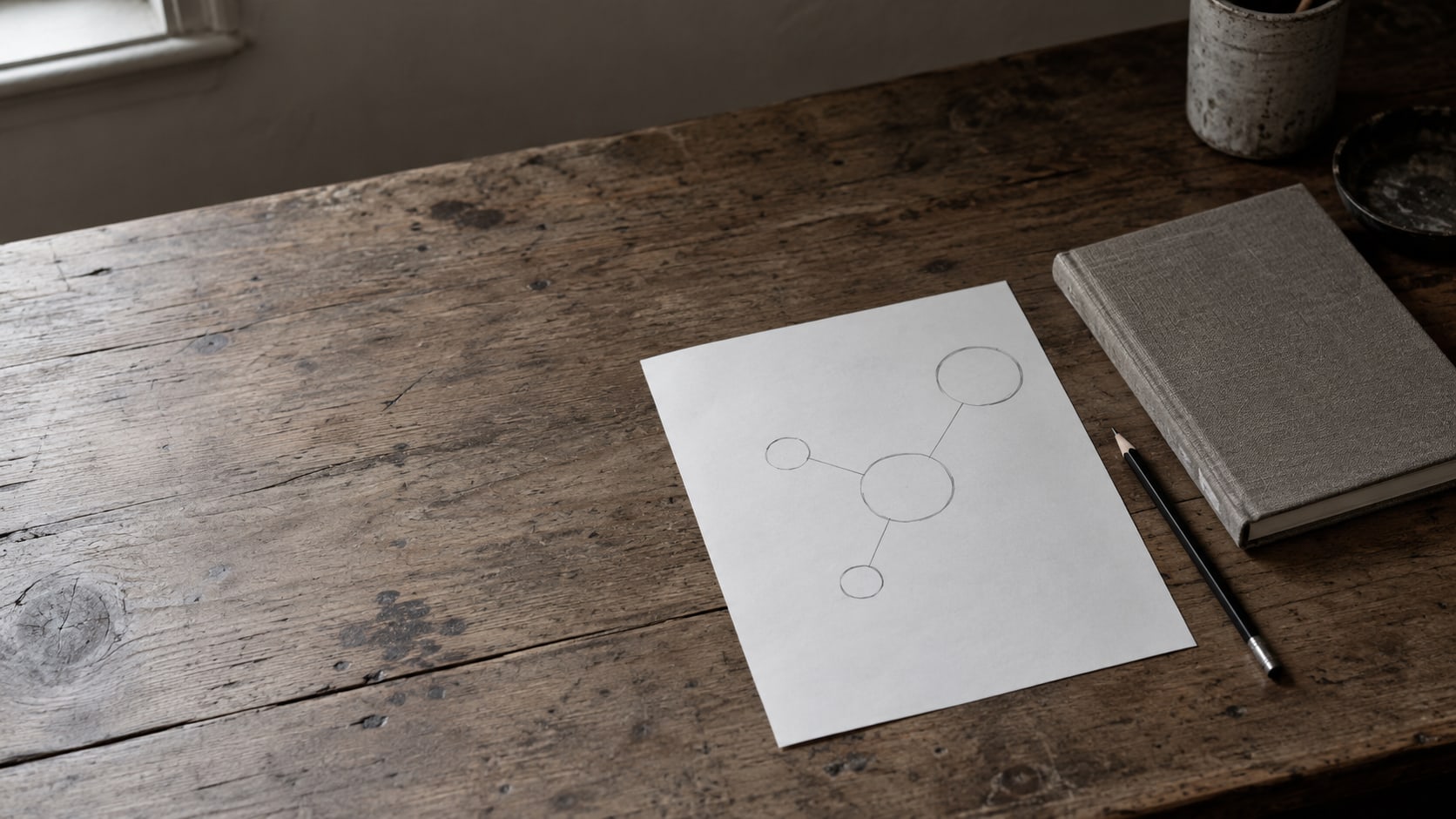 A plain sheet of paper with pencil circles joined by thin lines, beside a closed notebook and a pencil on a wooden desk.