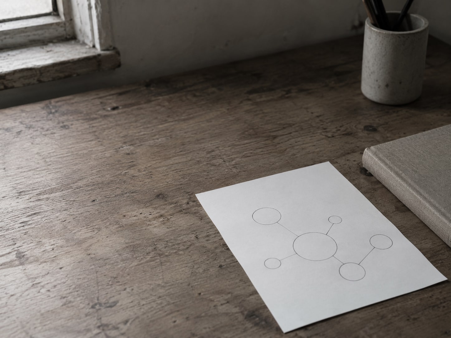 A single sheet of plain paper with a few pencil circles joined by lines, resting on a desk beside a closed notebook.