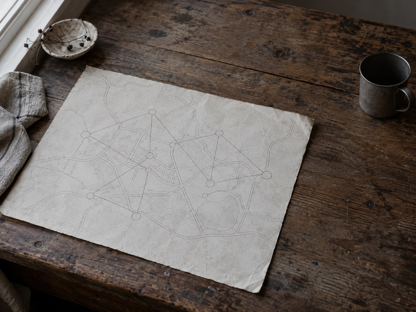 A paper map of a small town laid flat on a wooden table with thin pencil lines drawn between several marked spots.