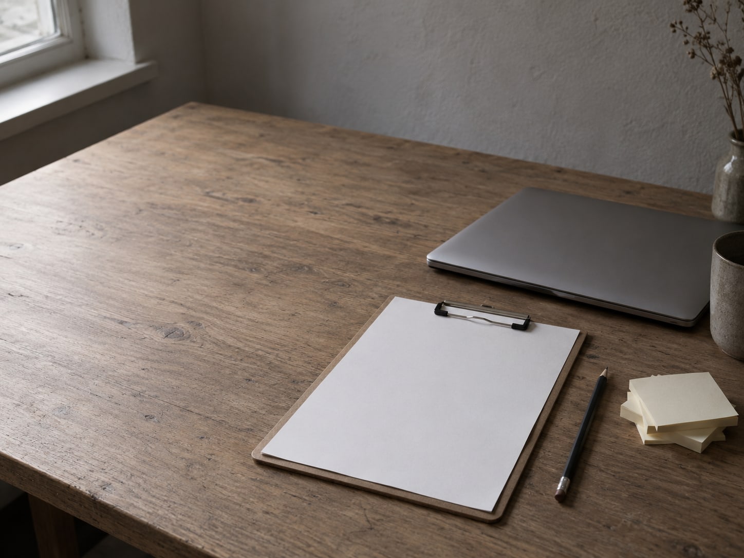 A closed laptop beside a clipboard with a blank page list, a pencil and a small stack of sticky notes on a desk.