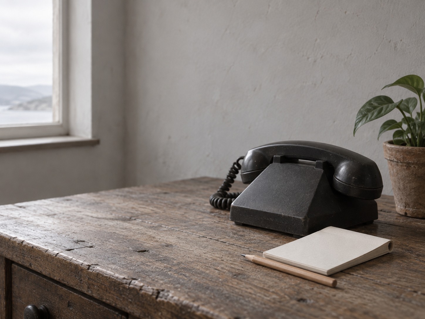 A folded blank notepad and a pencil resting on a desk phone beside a small potted plant.