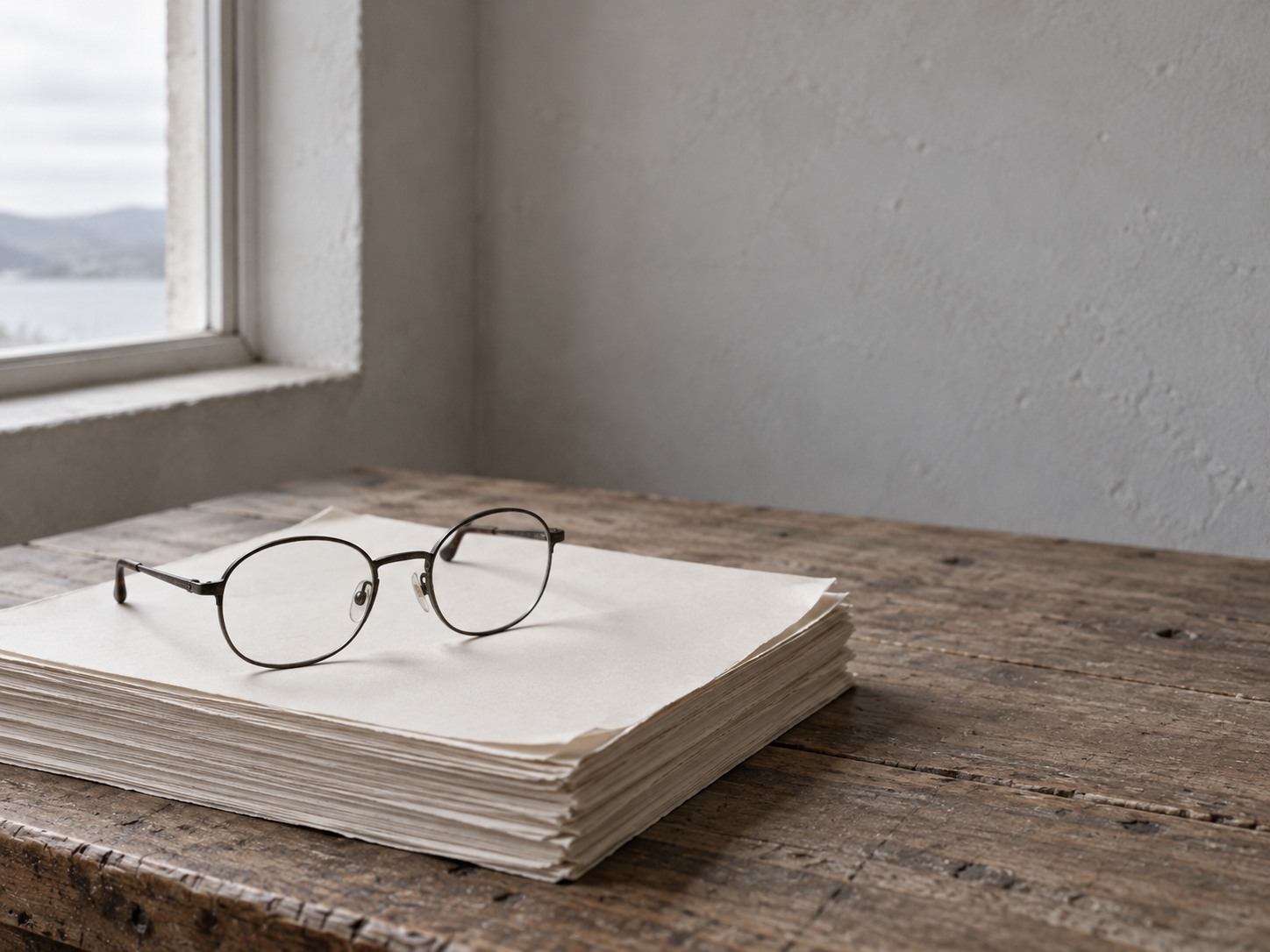 A pair of reading glasses resting on a thick stack of blank printed pages on a desk.