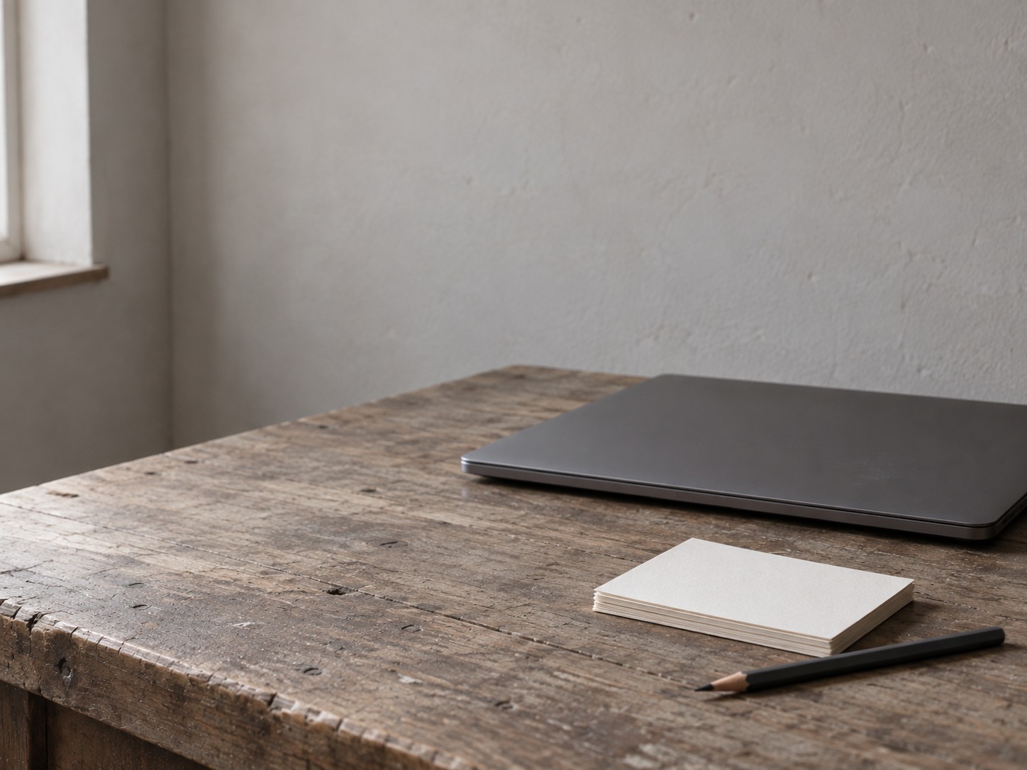 A closed laptop on a wooden desk beside a short stack of blank index cards and a pencil.