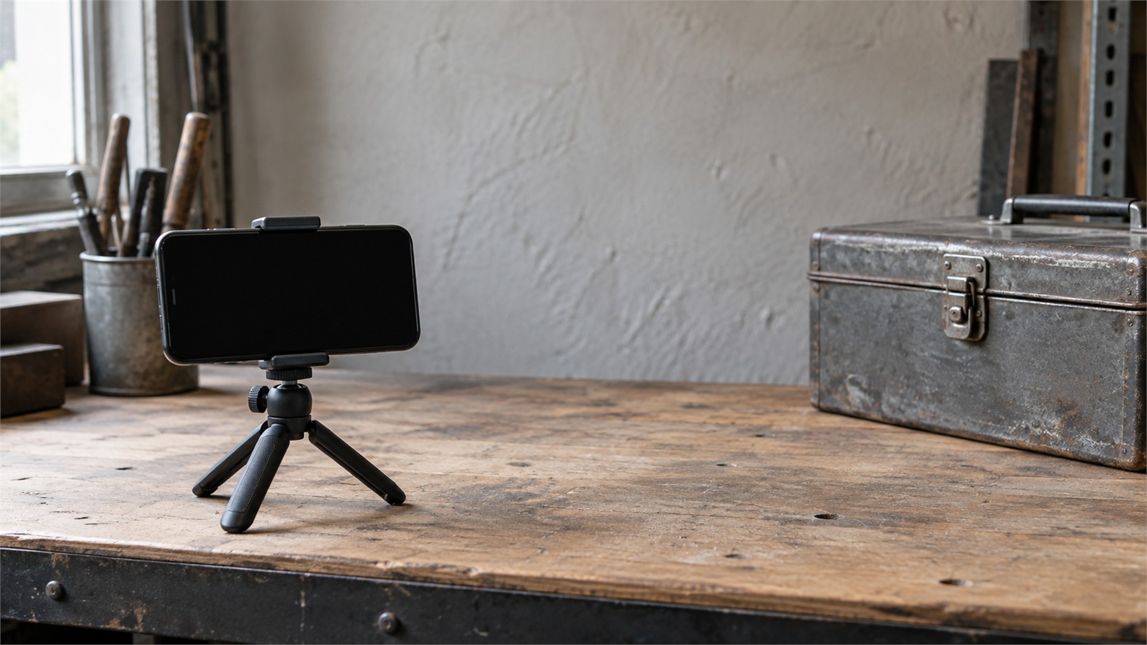 A phone mounted on a small tripod, switched off, on a tidy workbench beside a closed toolbox.
