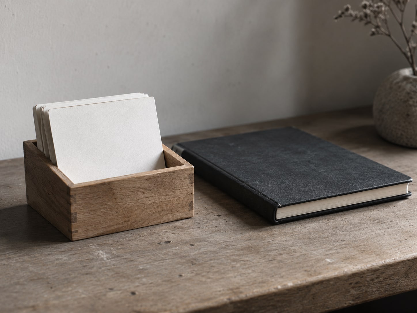 Una pequeña caja de fichas de madera con algunas fichas en blanco de pie junto a una agenda de citas cerrada.