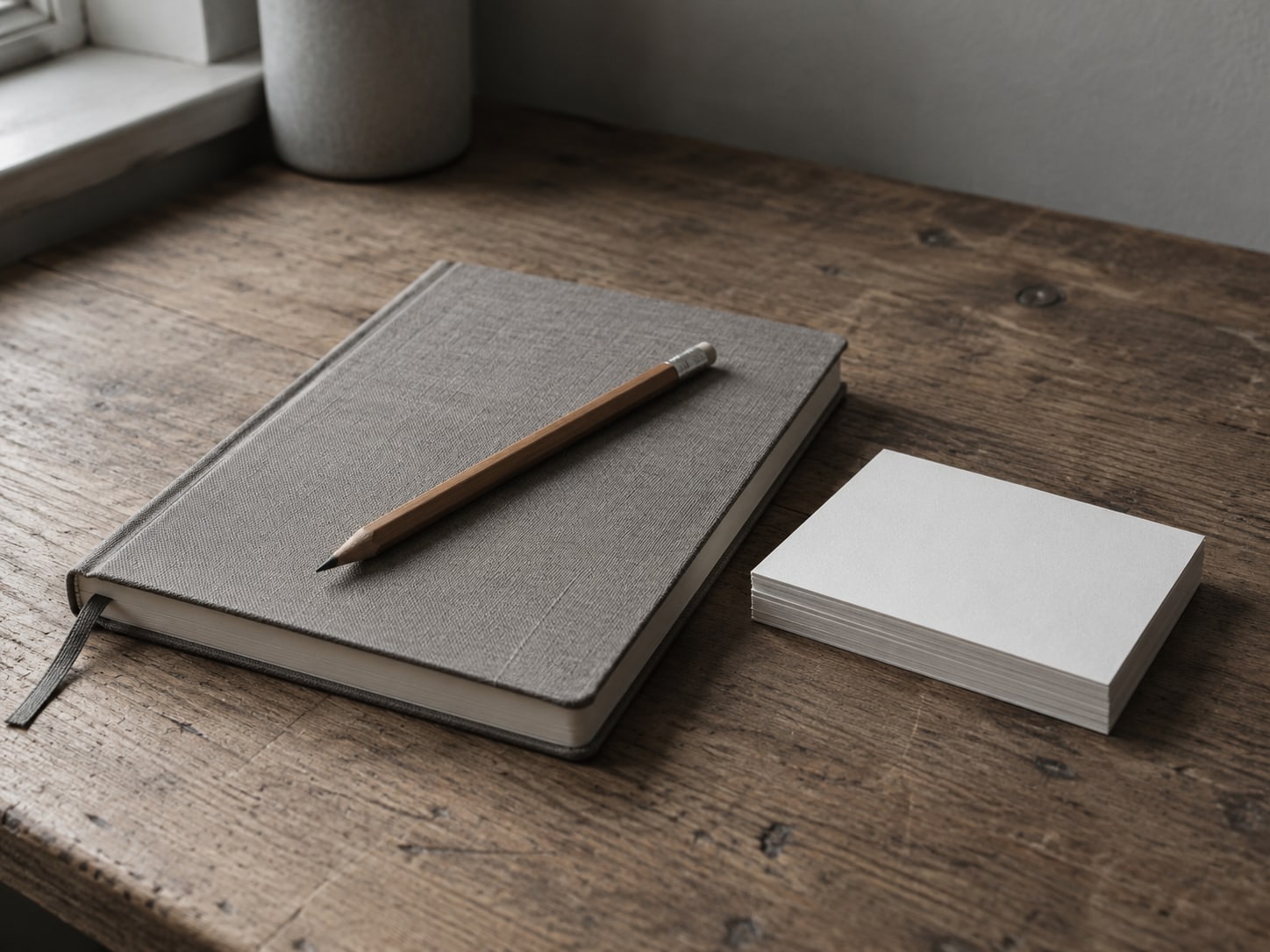 Un cuaderno cerrado con un lápiz encima junto a una pequeña pila de fichas en blanco sobre un escritorio de madera.