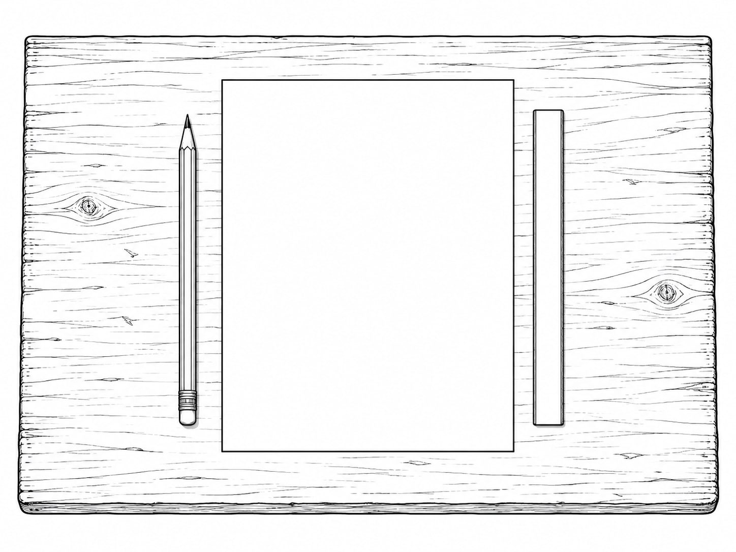 A worn wooden desk with a printed blank form, a pencil and a small ruler laid straight beside it.