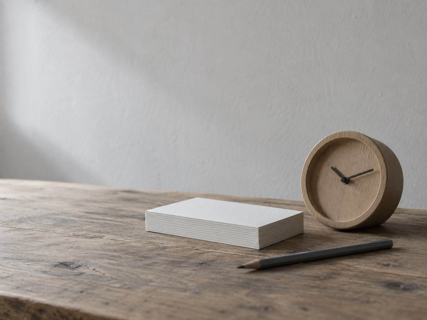 A short stack of blank index cards beside a pencil and a small wooden clock on a desk.