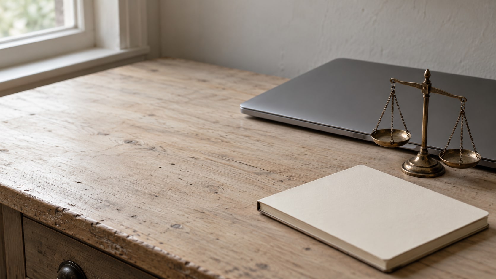 A closed laptop and a small brass scale beside a blank notebook on a pale wooden desk.