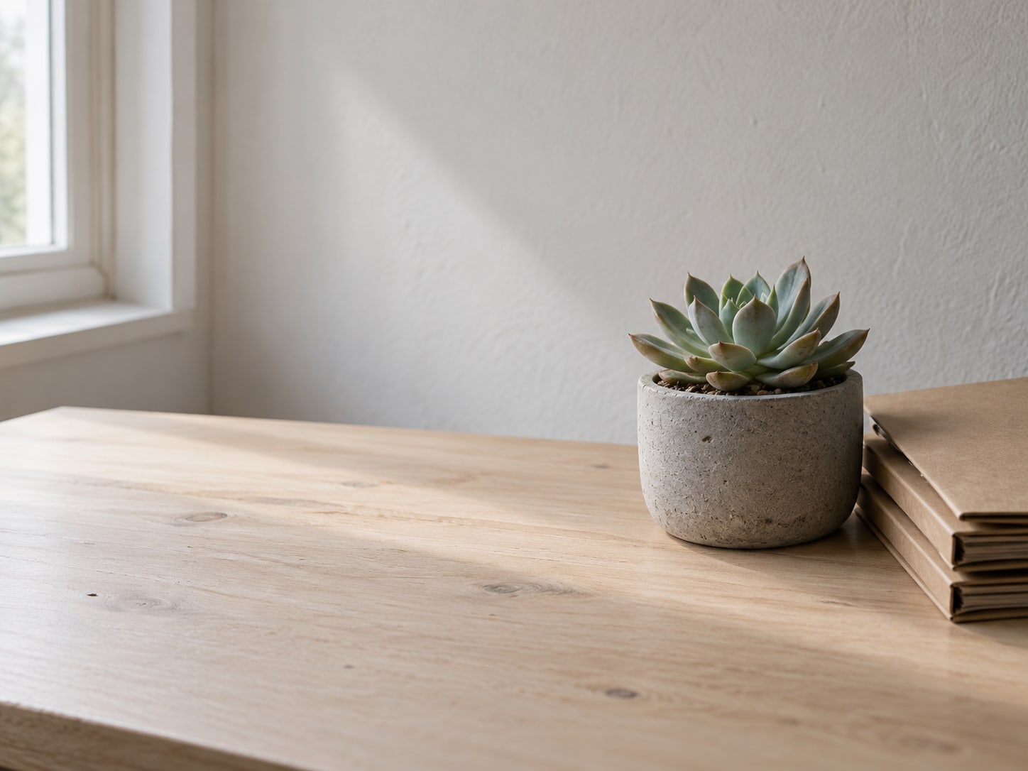 A single potted succulent on a clean desk beside a stack of closed folders.