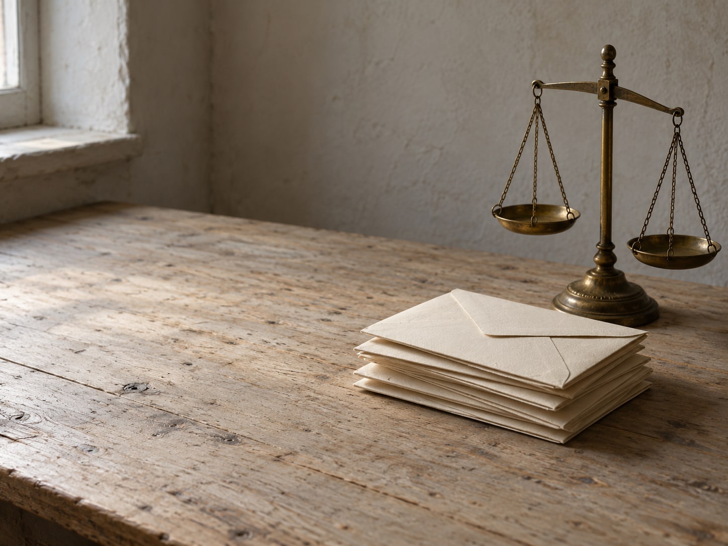 A short stack of unopened envelopes beside a small brass scale on a worn desk.