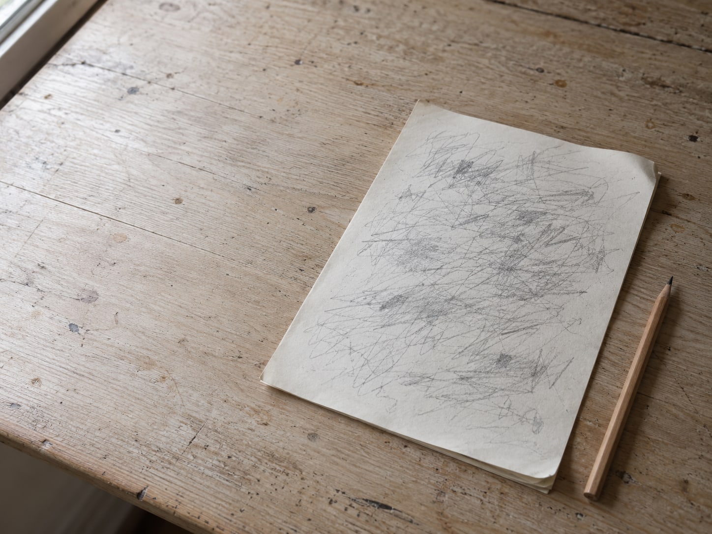 A single notebook page filled with unreadable pencil marks beside a sharpened pencil on a wooden desk.