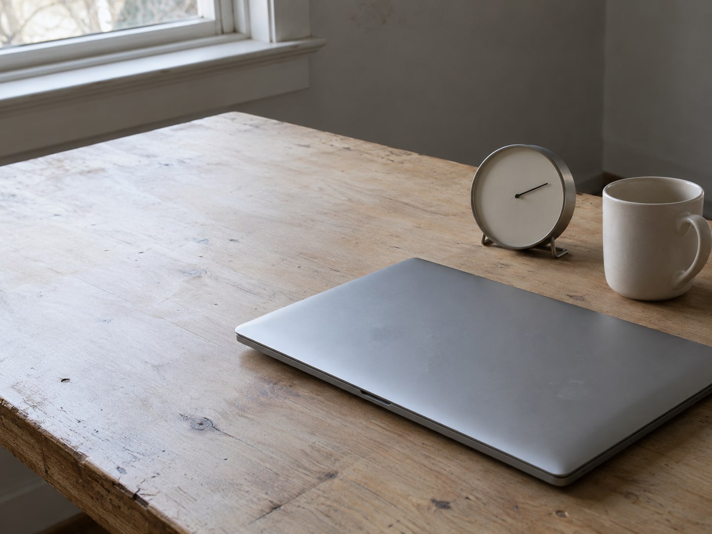 A closed laptop beside a small desk clock and a mug on a clean wooden table, with no screen visible.