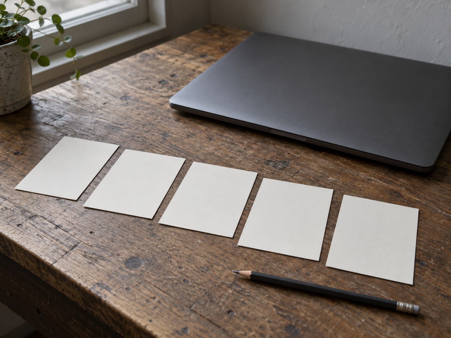 Cinco fichas en blanco alineadas sobre un escritorio de madera, junto a una laptop cerrada y un lápiz.