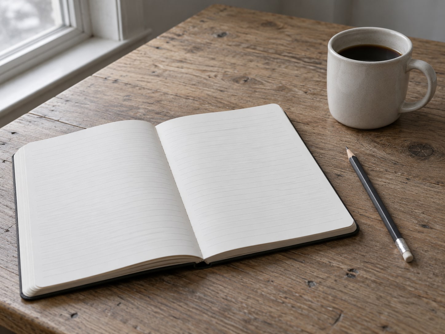 Un cuaderno de papel abierto en una página rayada en blanco, con un lápiz al lado y una taza de café sobre una mesa de madera.