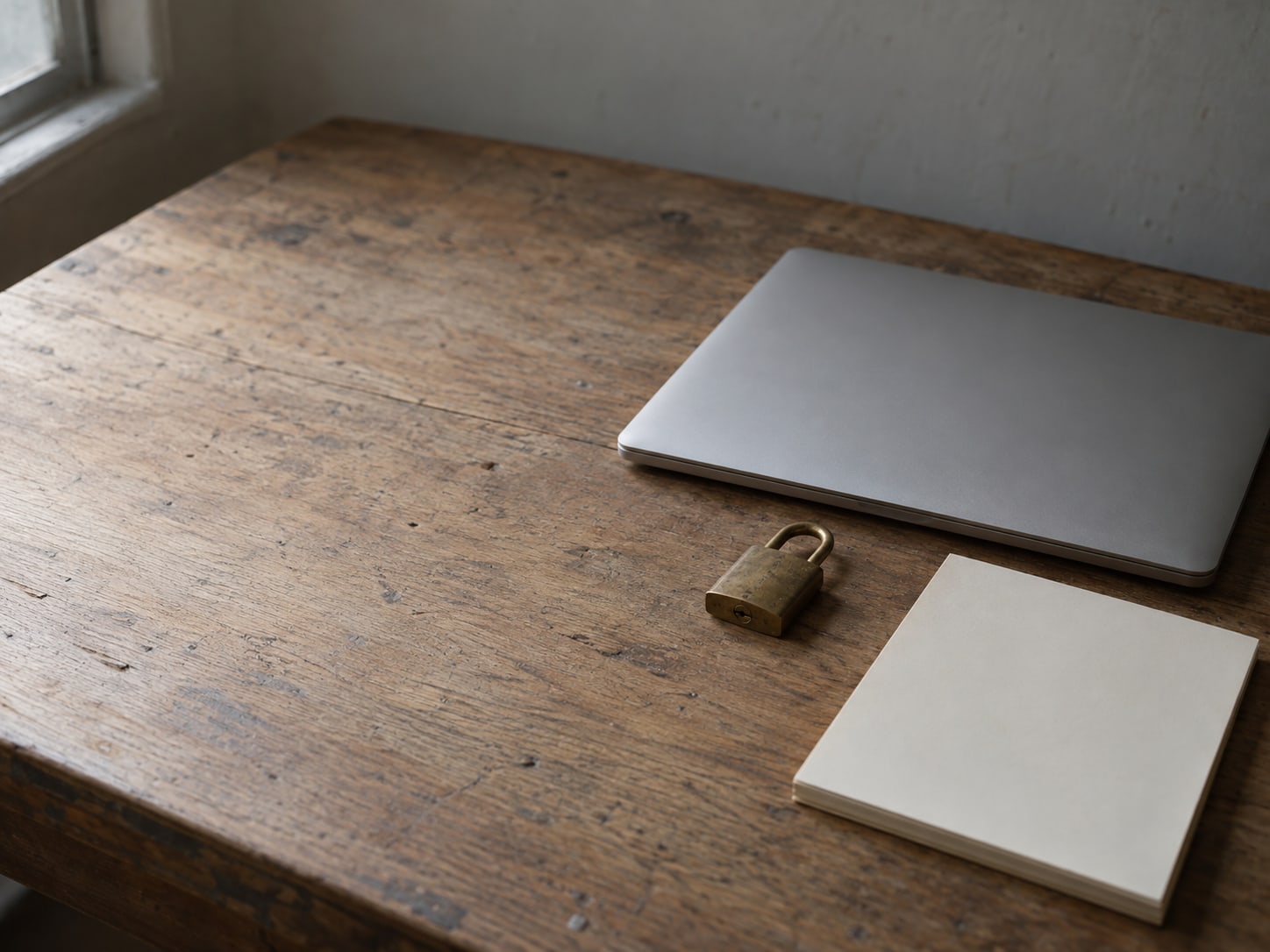 A closed laptop and a small brass padlock sitting on a worn wooden desk beside a blank notepad.