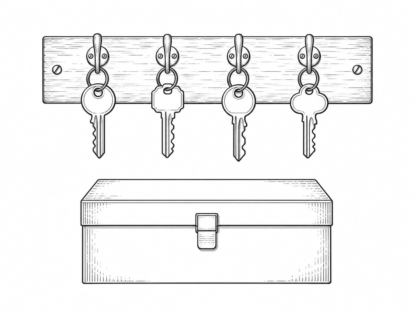 A row of unlabeled brass keys hanging from a plain wooden board above a small closed metal box.