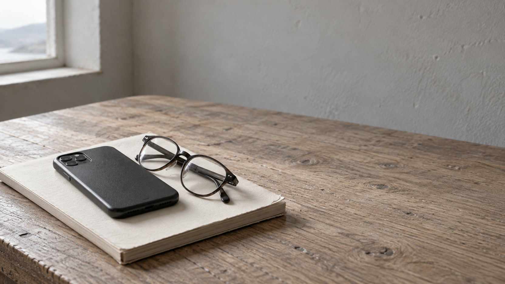 A closed smartphone and a folded pair of reading glasses resting on a blank notepad on a light wooden desk.