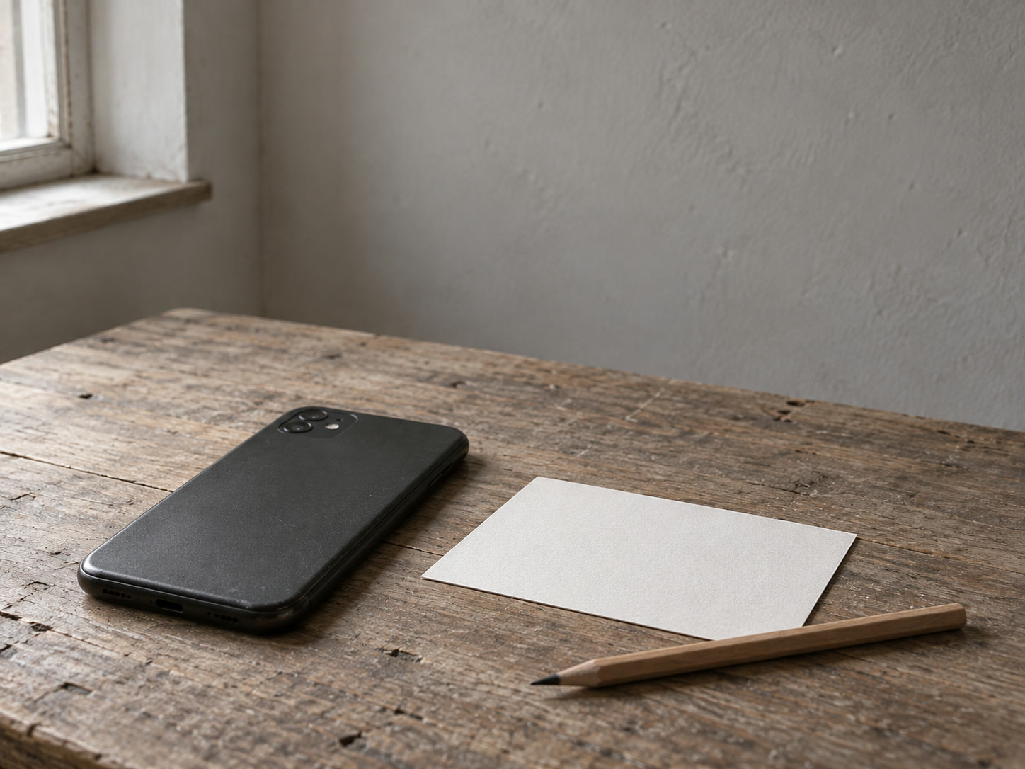 A closed smartphone lying face down on a wooden desk beside a blank index card and a sharpened pencil.