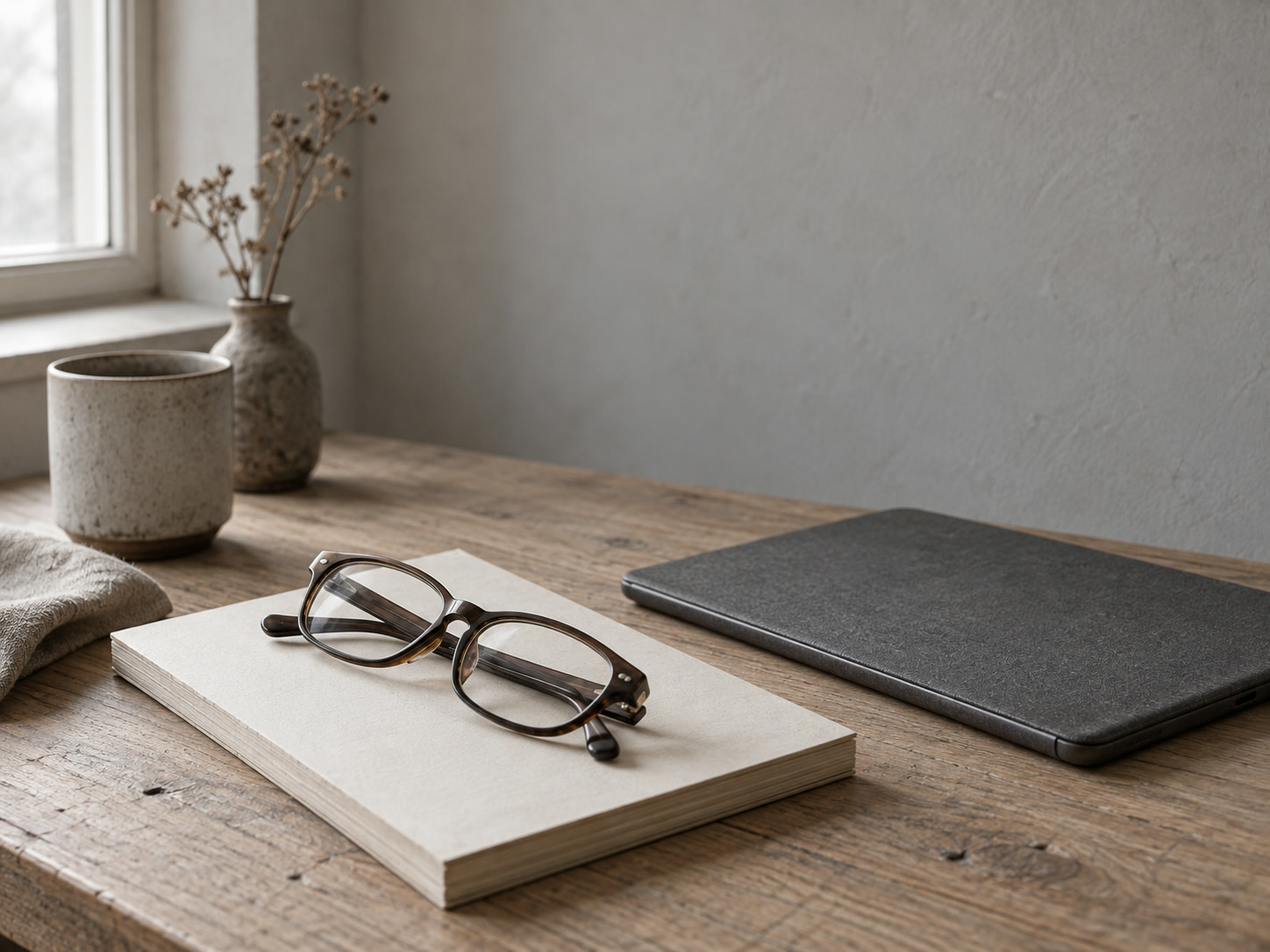 A pair of reading glasses folded on top of a blank notepad next to a closed tablet on a light oak table.