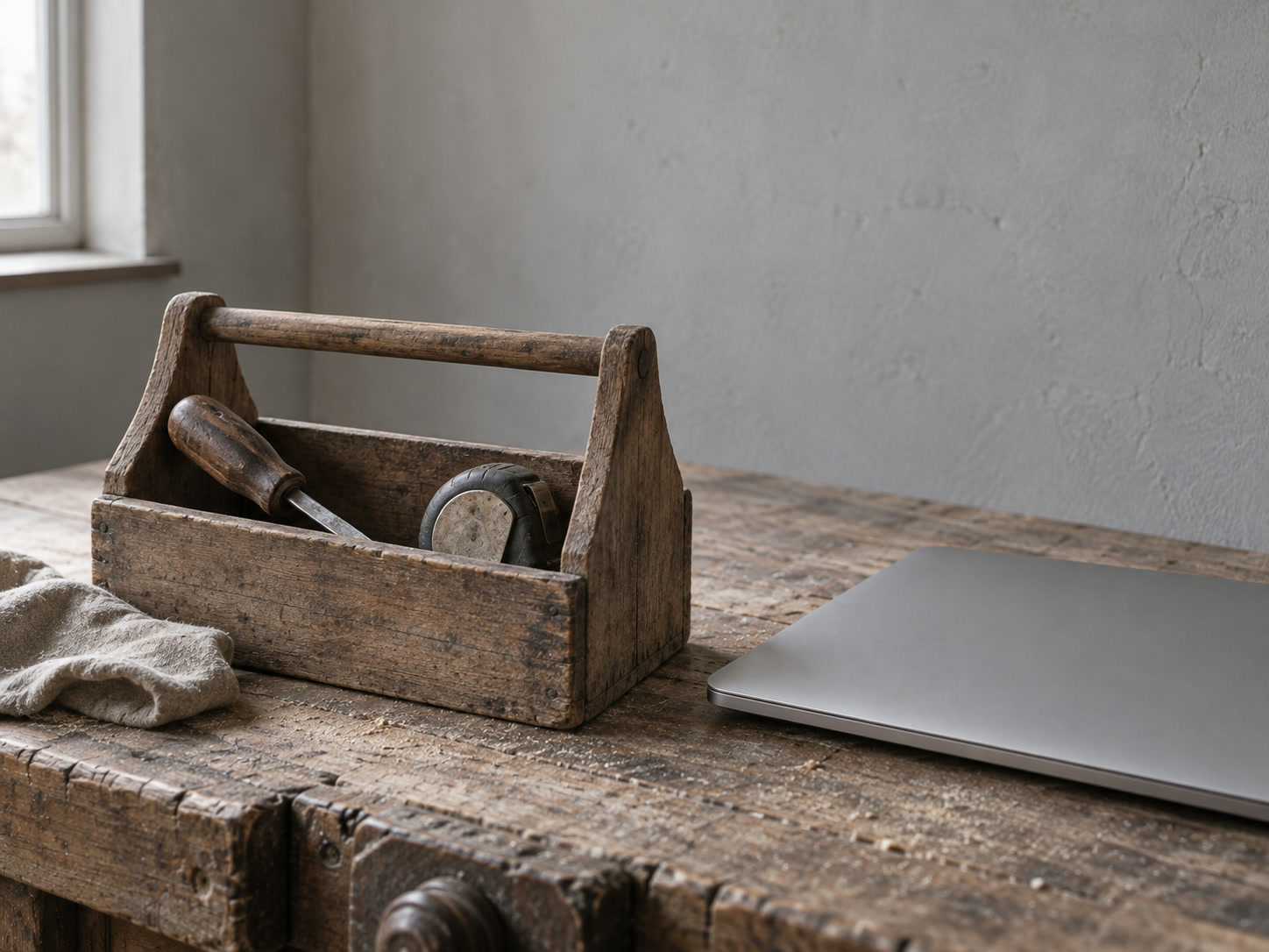 A small wooden toolbox holding a screwdriver and a folded measuring tape, set on a workbench beside a closed laptop.