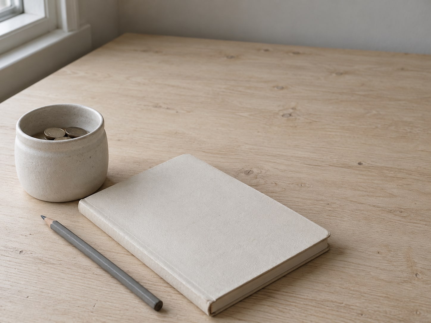 Un pequeño frasco de cerámica con monedas junto a una libreta de papel cerrada y un lápiz sobre una mesa lisa.
