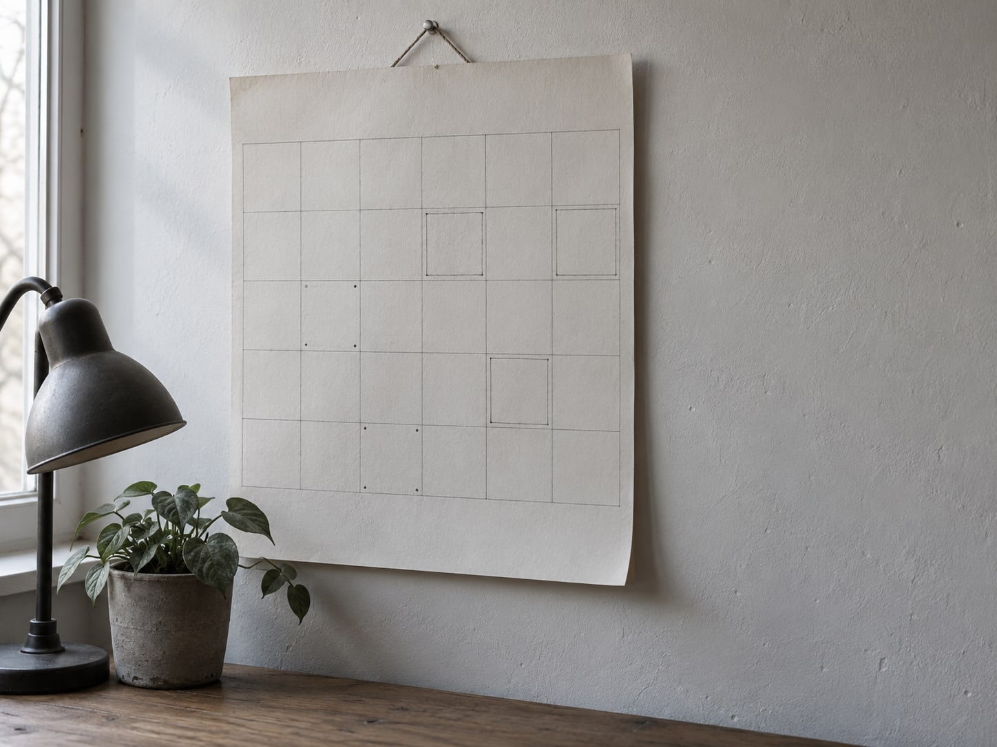 Un calendario de pared con varias semanas marcadas ligeramente a lápiz, colgado junto a una lámpara de escritorio cerrada y una pequeña planta en maceta.