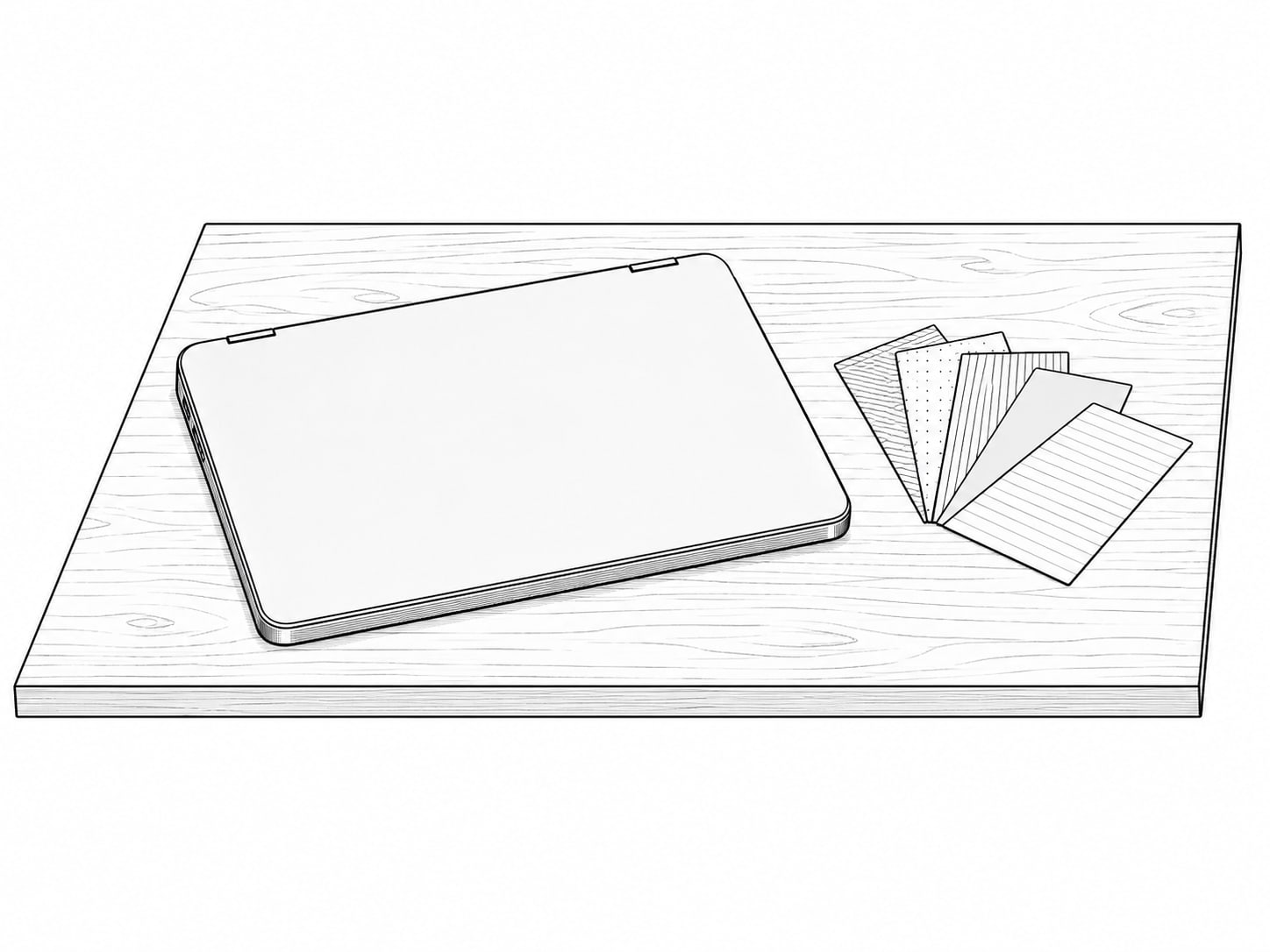 Una laptop cerrada junto a una pequeña pila de tarjetas en blanco desplegadas sobre un escritorio de madera clara, cada tarjeta de un color distinto.