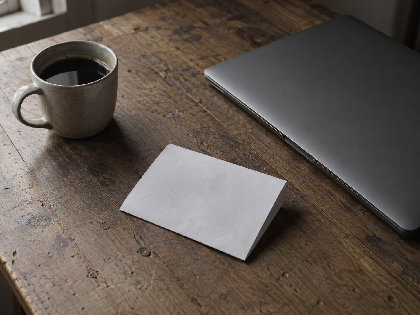 A folded printed quote resting beside a closed laptop and a cup of coffee on a wooden desk.