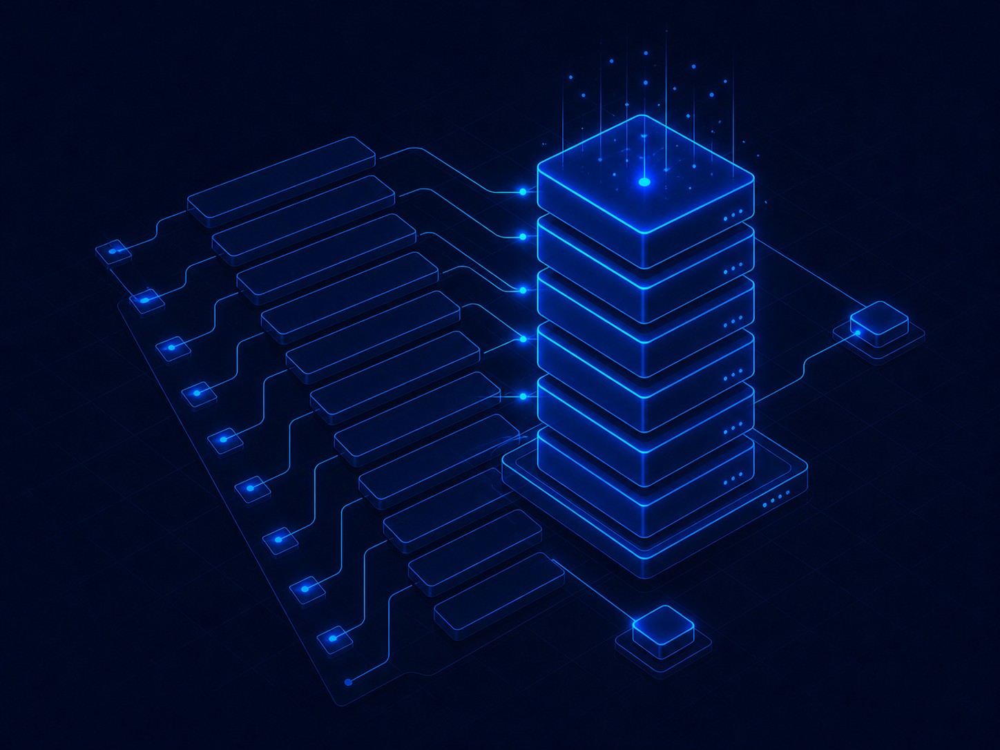 A shallow list of thin single-line rows beside one deep column of stacked content blocks, the deep column drawn brighter.