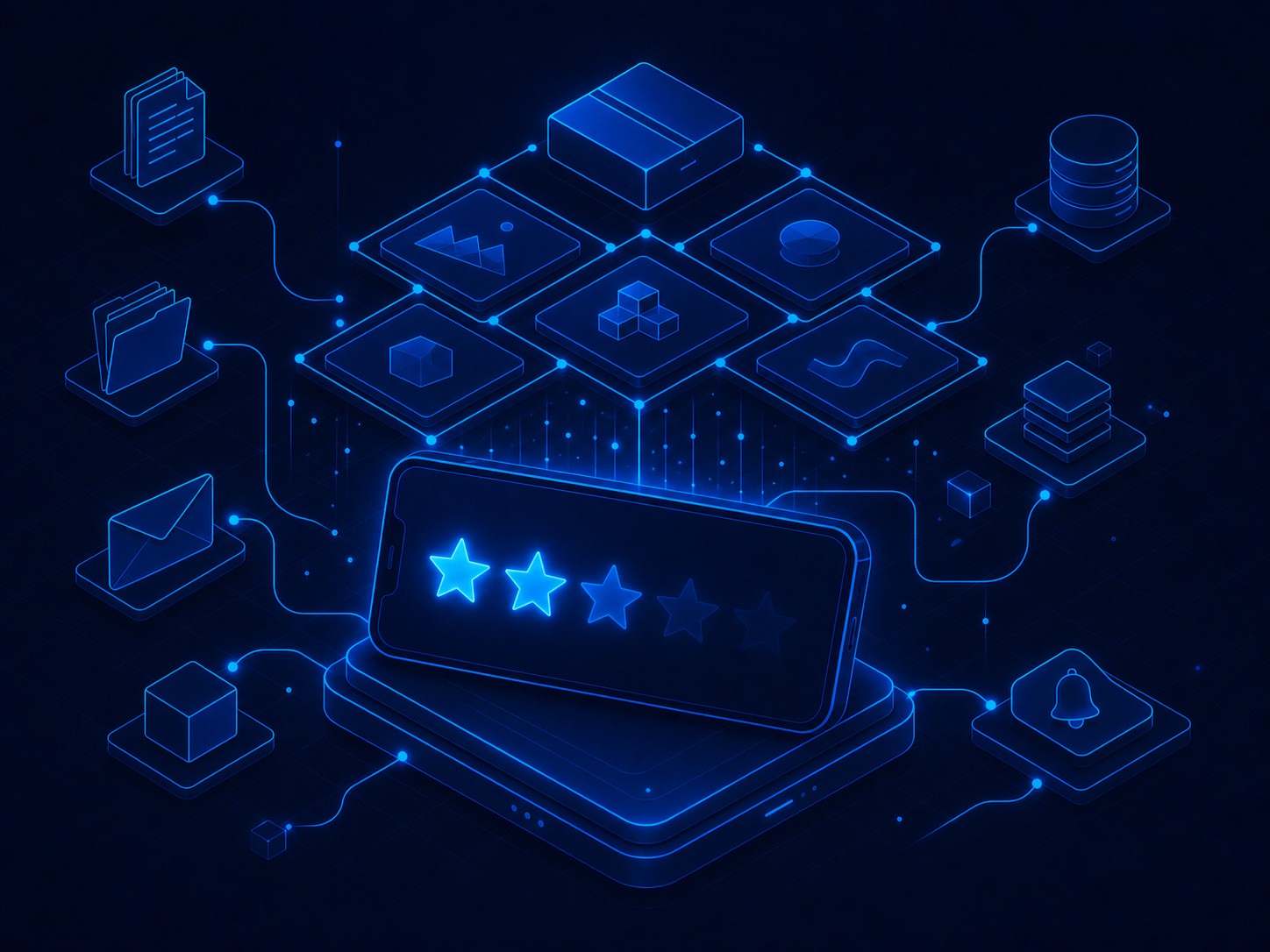 A row of star shapes on a phone screen fading out, with a solid grid of work-sample tiles and a plain price block standing brighter behind it.