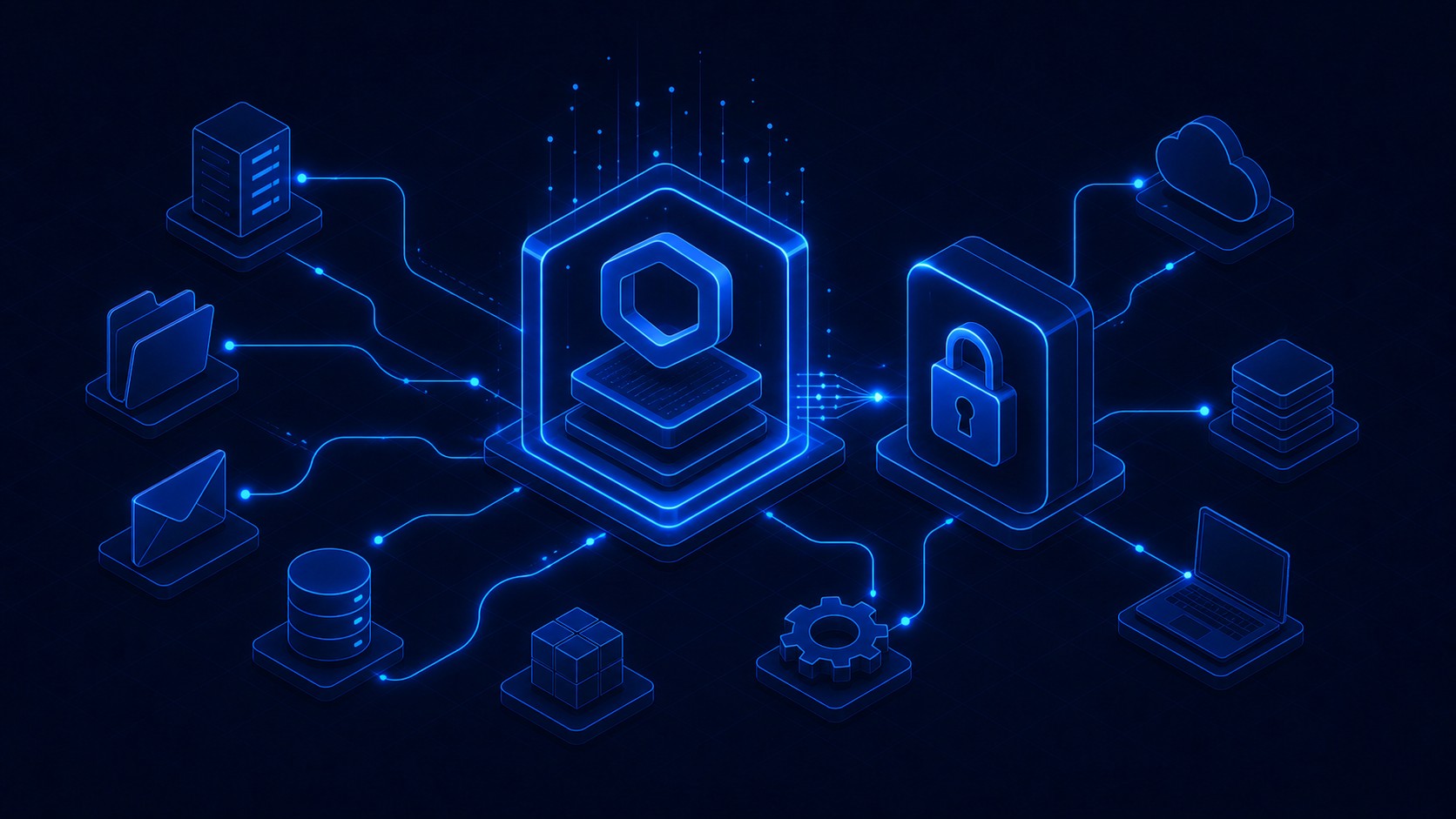 A domain shape and a stack of content blocks held inside an open bounded frame, beside a separate sealed app frame carrying a padlock shape.