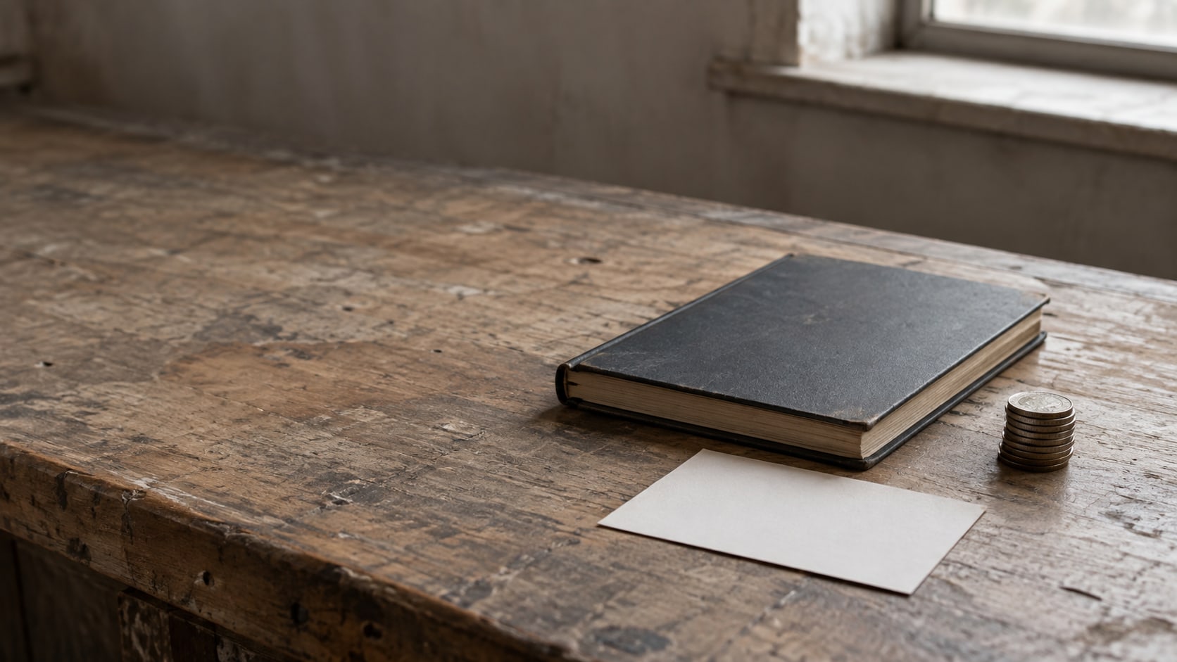 A closed ledger, a small stack of coins and a blank index card arranged on a worn wooden shop counter.