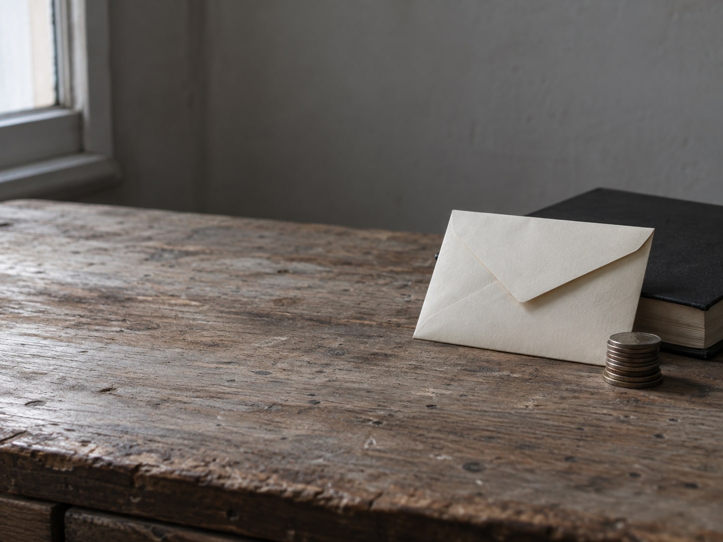 A single sealed envelope and a small stack of coins on a worn wooden desk beside a closed notebook.