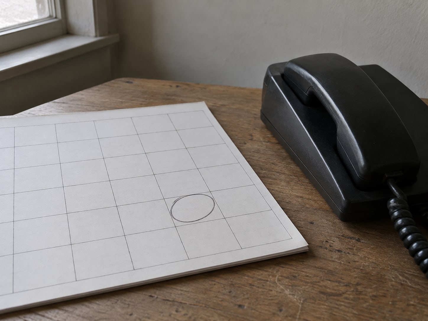 A blank paper wall calendar with one square circled in pencil beside a switched-off desk phone.