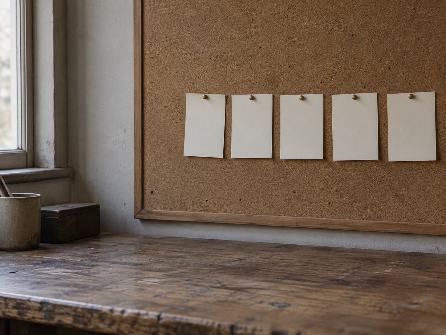 Five blank index cards pinned in a neat row on a cork board above a quiet shop counter.