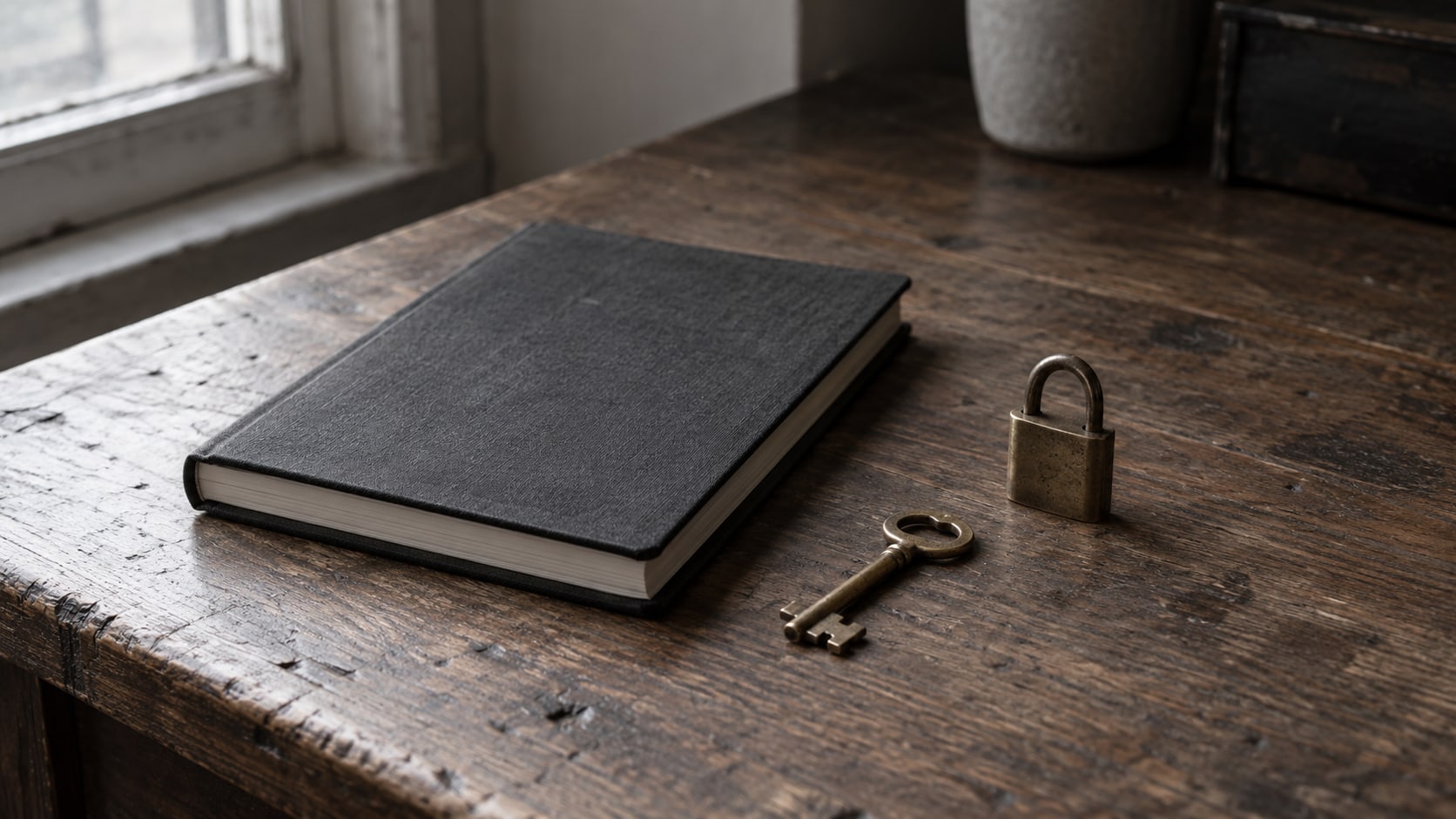 Una libreta cerrada y una llave de latón sobre un escritorio de madera gastada, junto a un pequeño candado, con luz suave de ventana.