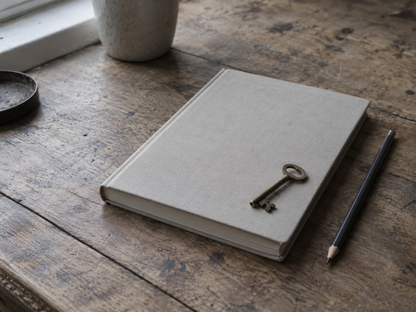 Una libreta cerrada y un lápiz sobre un escritorio de madera gastada, con una pequeña llave de latón sobre la tapa.
