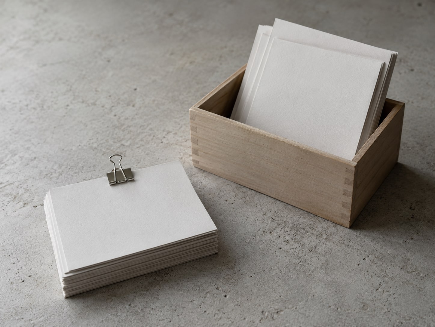 Una caja de madera con copias fotográficas sueltas, junto a una pila ordenada de las mismas copias sujetas con un clip.