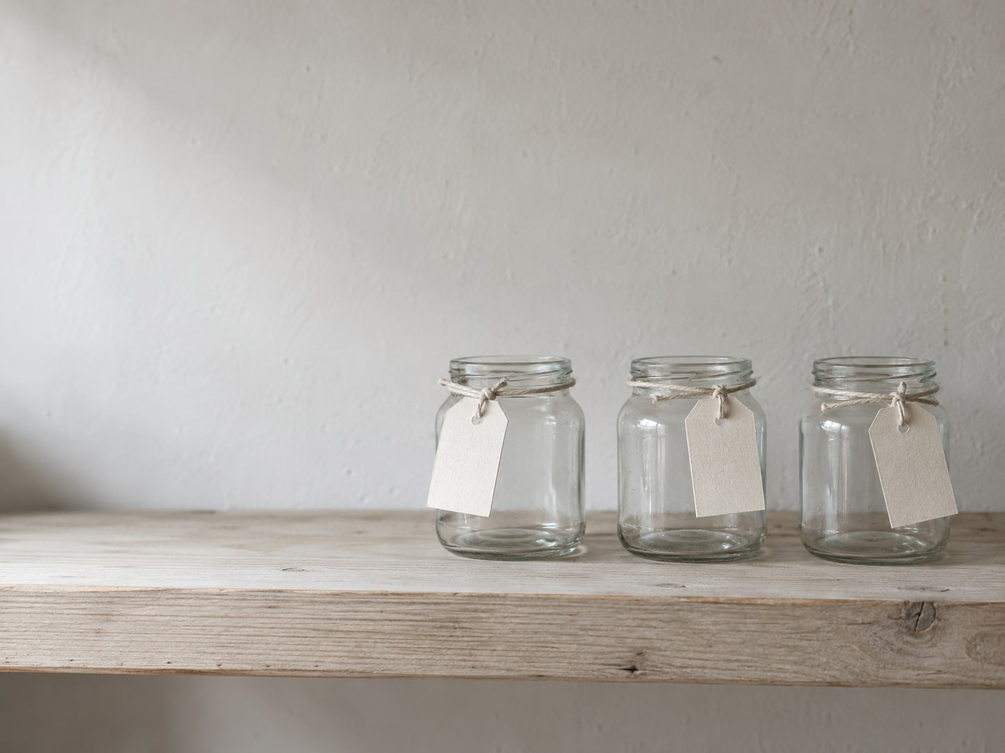 Three small glass jars on a wooden shelf, each with a blank paper tag tied around the neck.