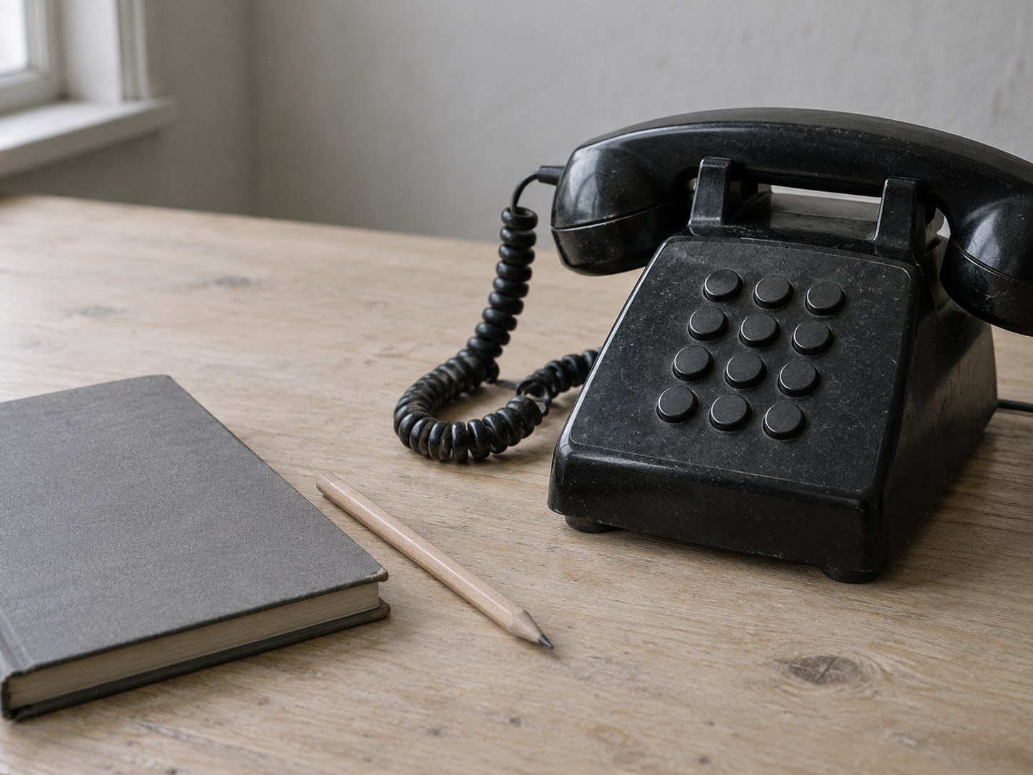 A black corded desk phone beside a closed appointment book and a pencil on a plain table.