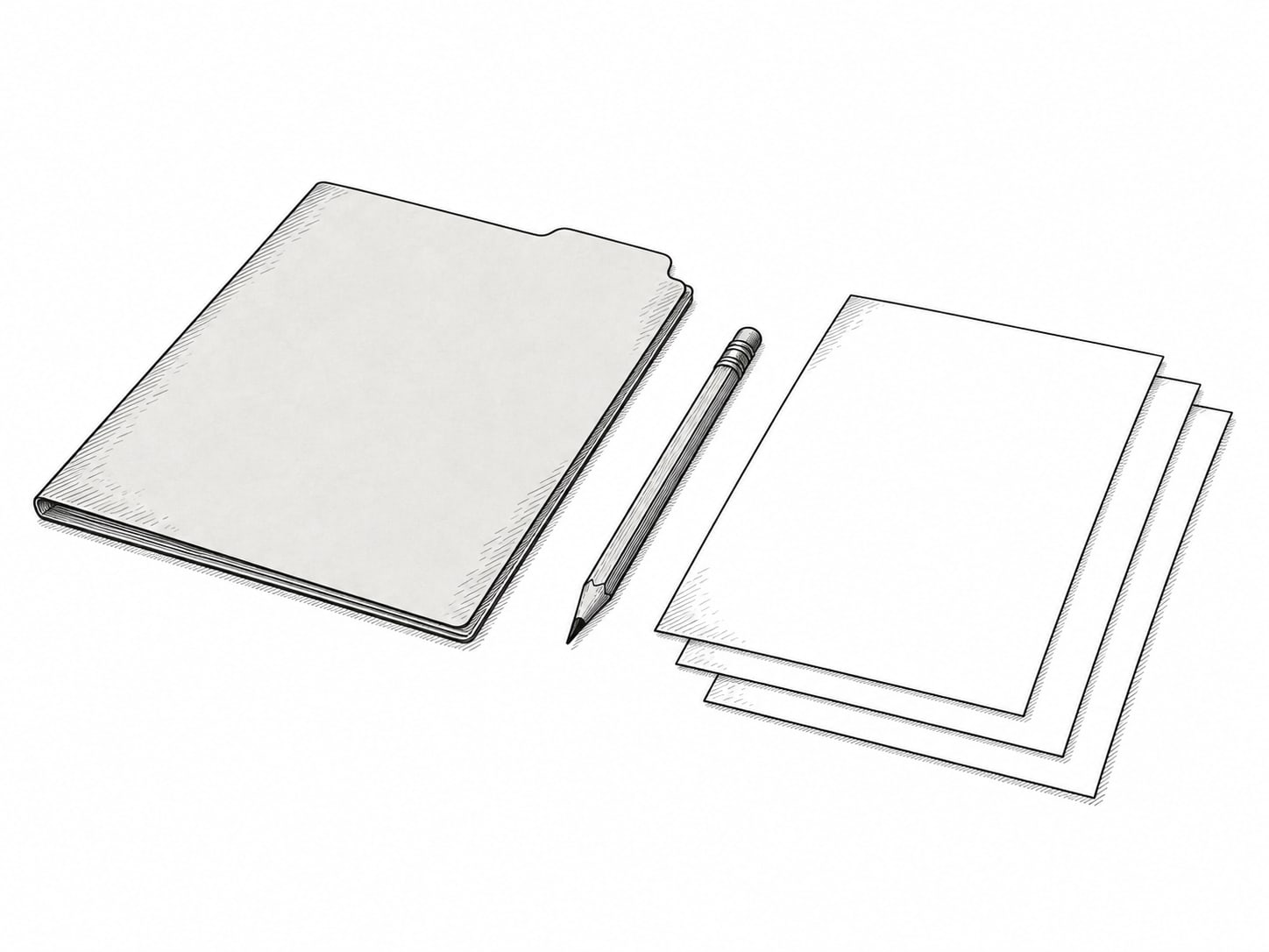 A manila folder and a sharpened pencil on a table beside a small stack of blank paper.