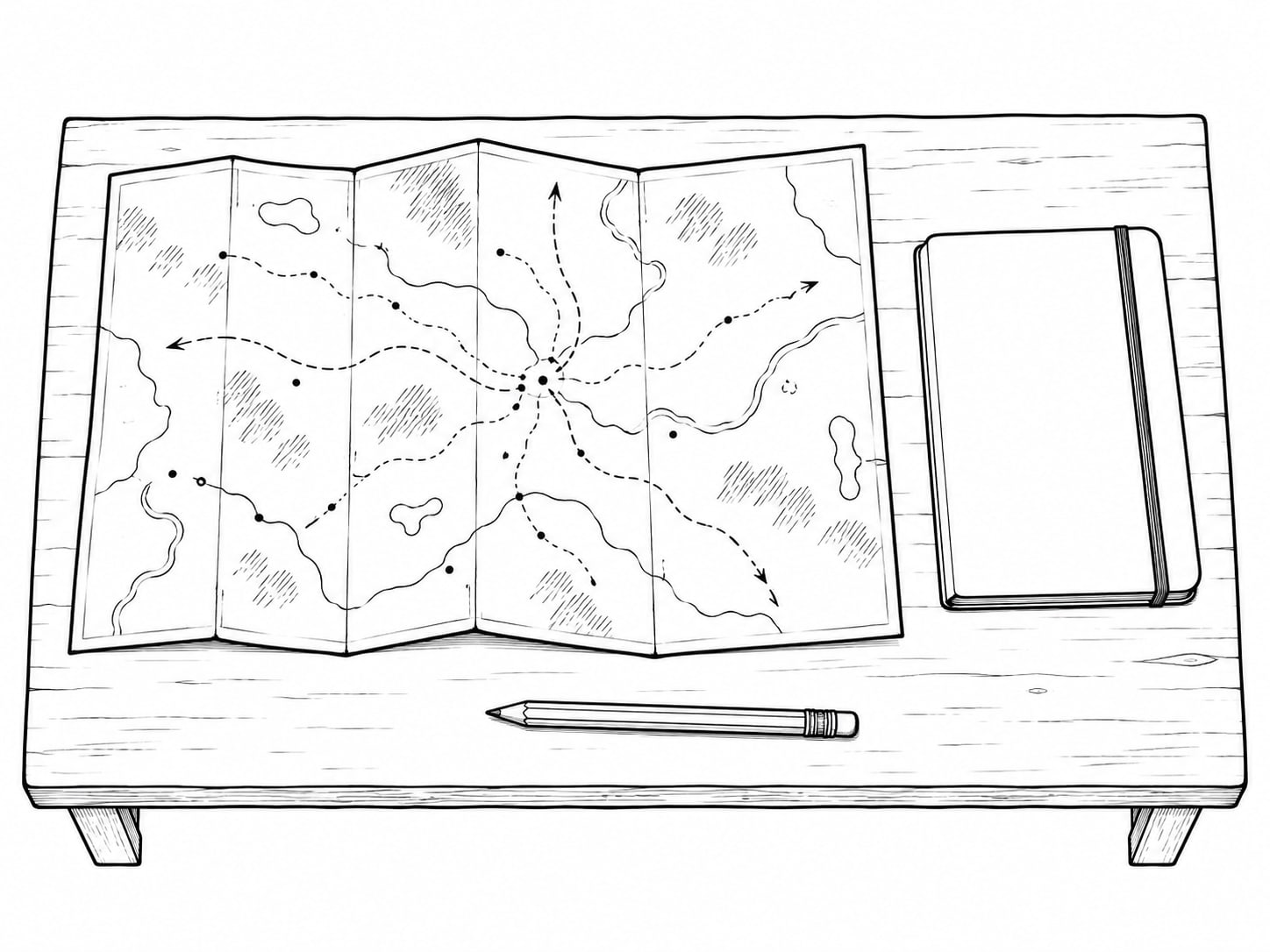 A paper map with unreadable pencil marks, a small magnifying glass and a closed notebook on a table.