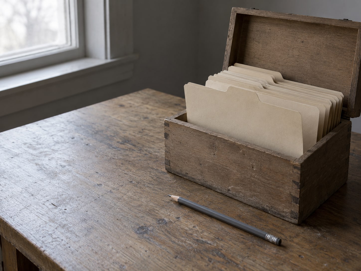 A small wooden box of file folders with blank tabs, one folder pulled halfway out, beside a pencil.