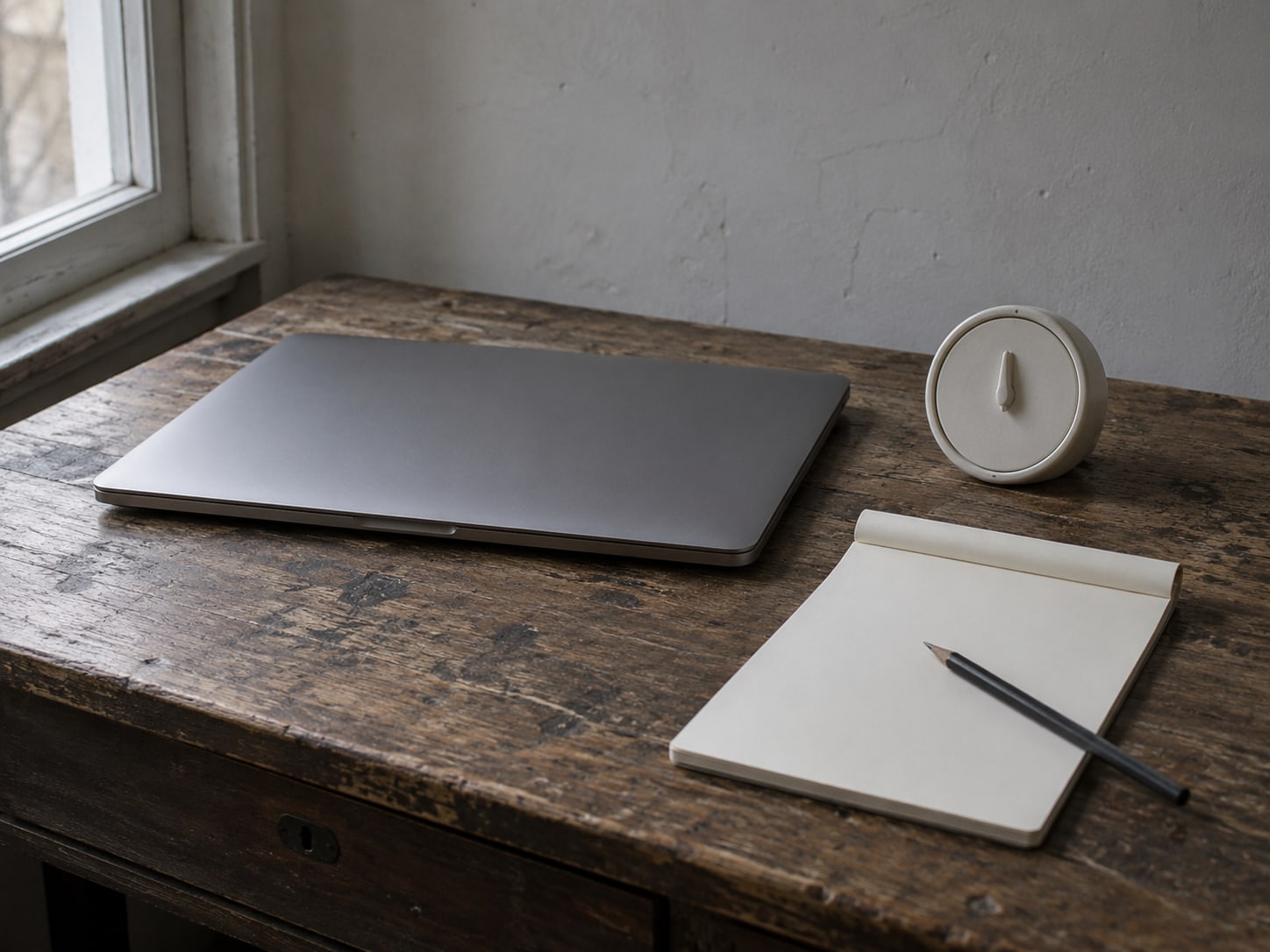 A closed laptop, a mechanical kitchen timer and a blank notepad with a pencil on a wooden desk.