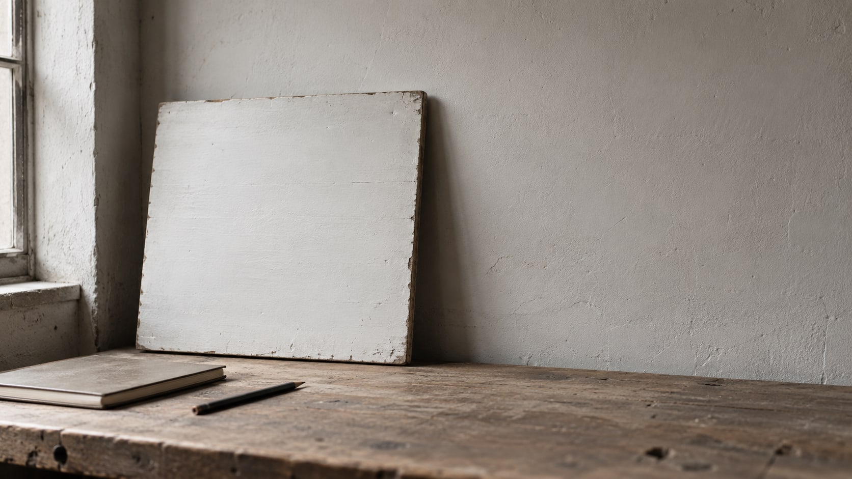 A plain painted work sign leaning on a workshop wall beside a closed notebook and a pencil on a wooden bench.
