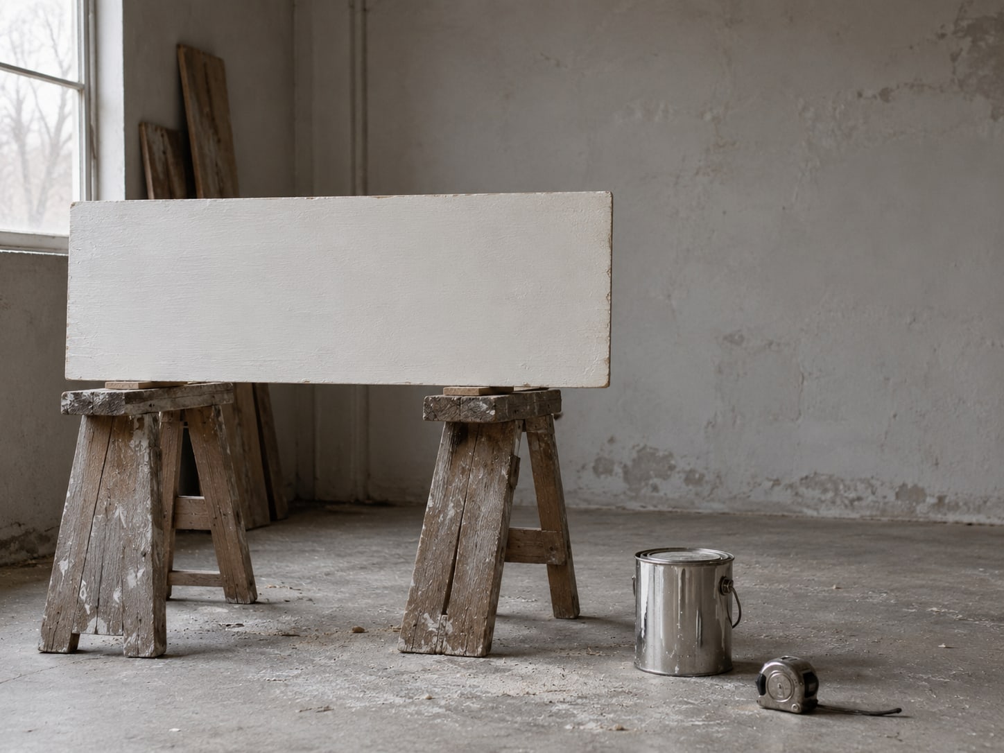 A freshly painted wooden sign board drying on trestles beside a tape measure and a closed paint can.