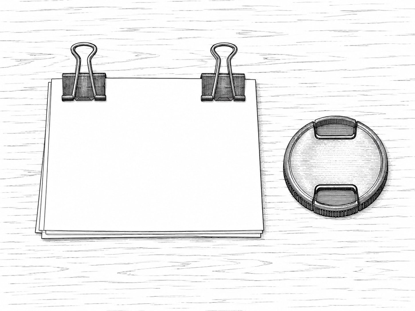 A pair of binder clips holding a few sheets of blank paper beside a small camera lens cap on a table.