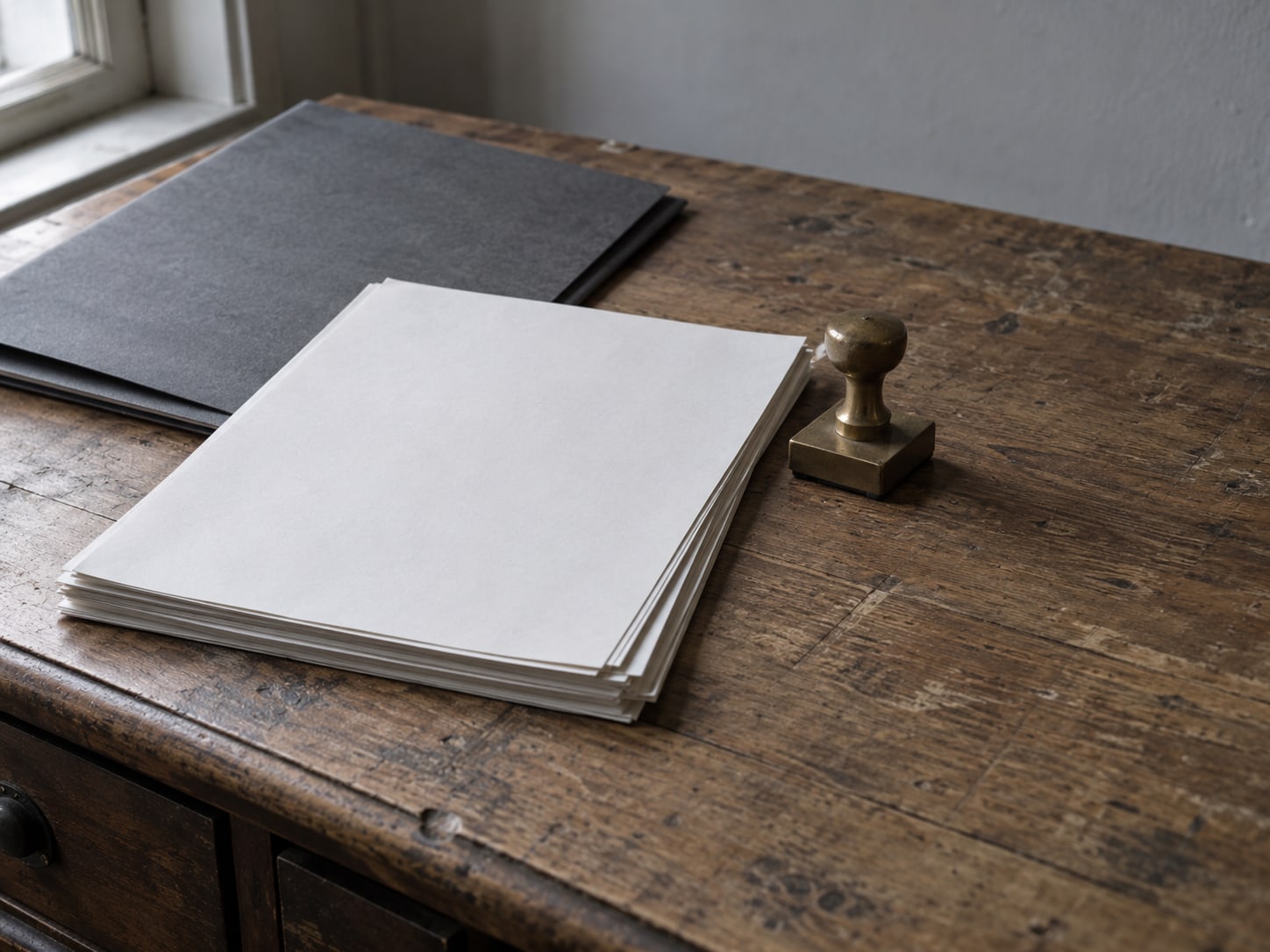 A small stack of blank paper forms squared up next to a closed folder and a brass stamp on a wooden desk.