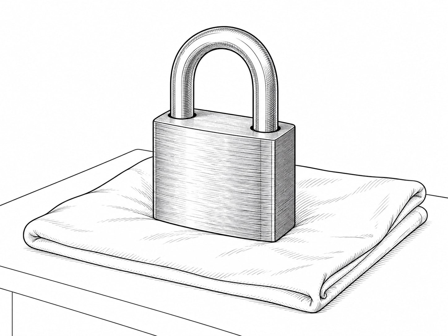 A single brass padlock resting on a plain folded white cloth on a table.